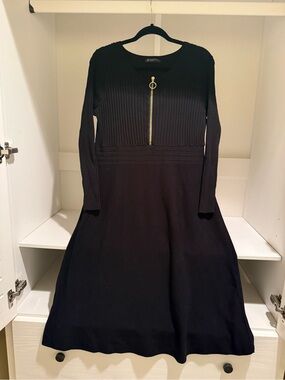 INC International Concepts Black Long-Sleeve Ribbed Knit Dress with Gold Zip